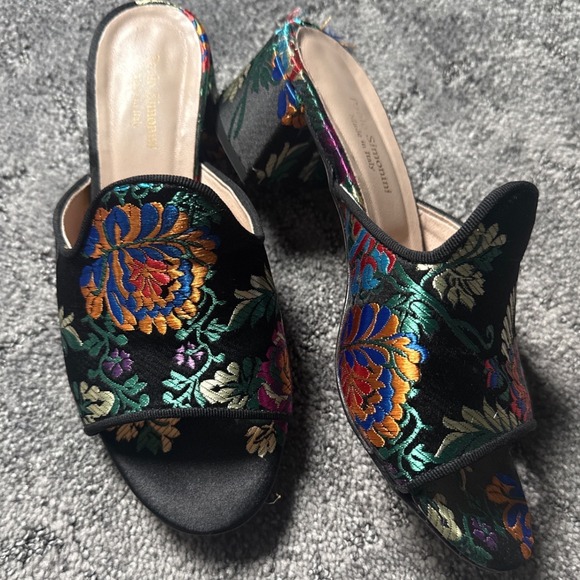 Paolo Simonini Shoes - Paolo Simonini Italy Floral Embroidered Black Satin Block Heel Mules Size 36